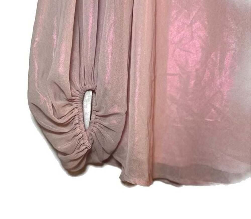 Adrienne Women's Metallic Pink V-Neck Blouse with Balloon Sleeves - Picture 4 of 6